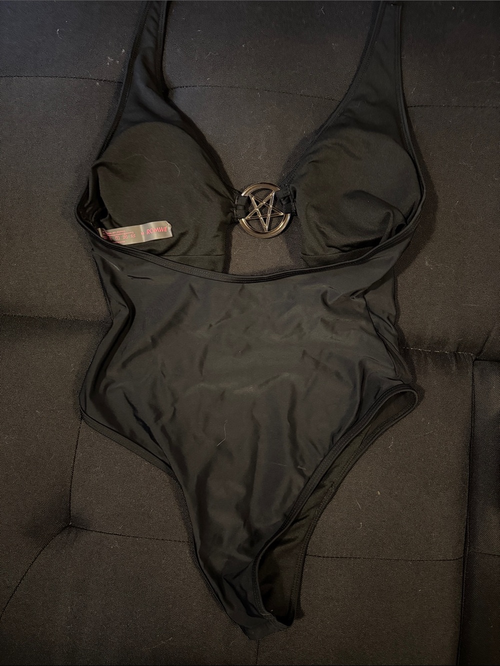 ROMWE Black Halter One-Piece Swimsuit with Metal Pentagram Accent - Picture 2 of 4